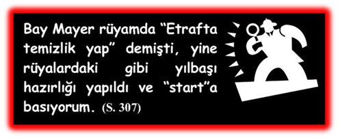 Bay Mayer r�yamda �Etrafta temizlik yap� demişti, yine r�yalardaki gibi yılbaşı hazırlığı yapıldı ve �start�a basıyorum. 
